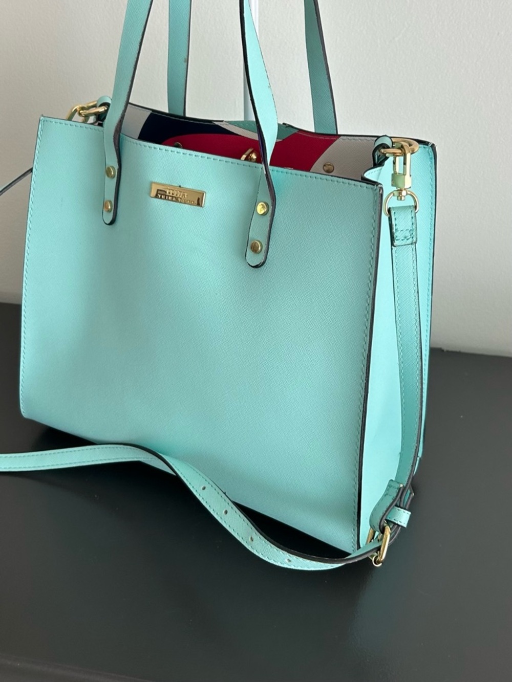 Trina Turk Aqua Blue Structured Tote Crossbody Bag Gold Hardware Satchel - Picture 5 of 8
